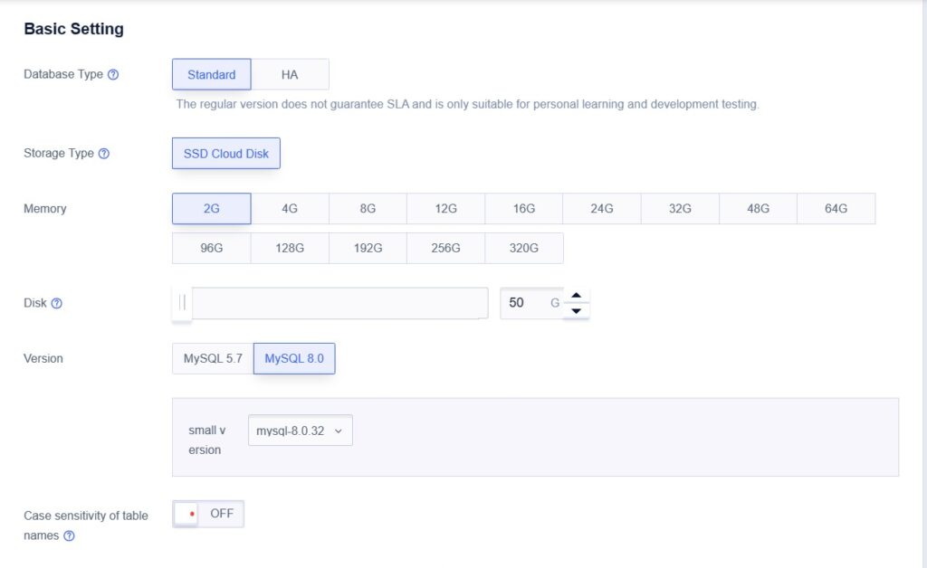 Configuring UDB MySQL specifications
