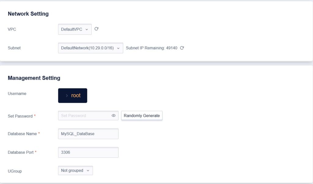 Setting login credentials for the database in UDB MySQL