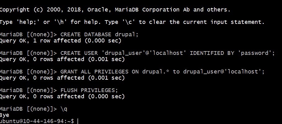 Commands for creating database for the deployment of Drupal on UHost