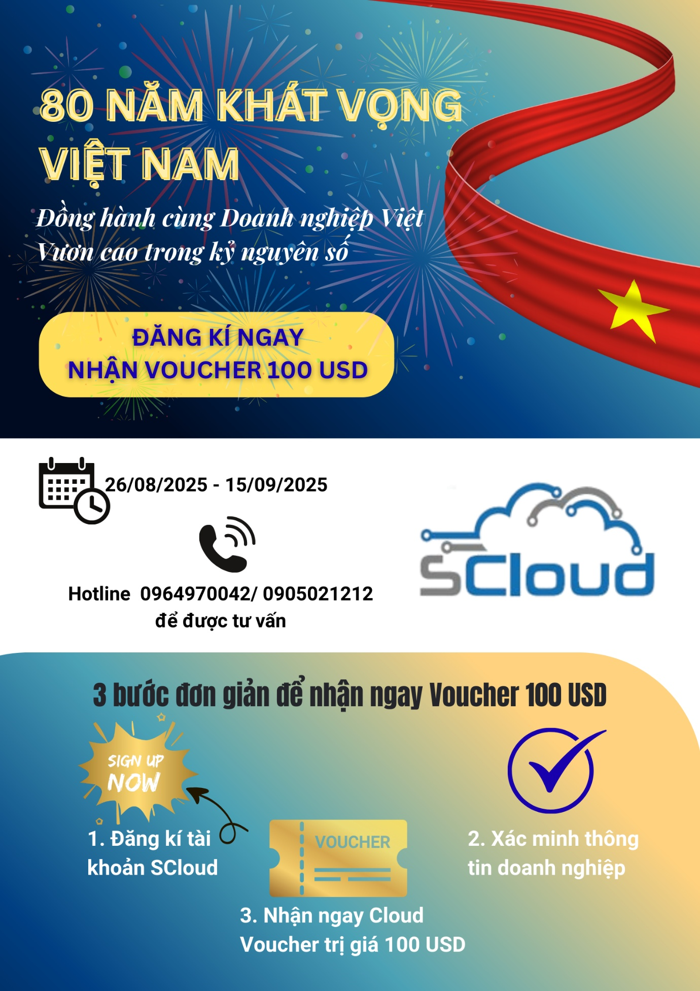 Chào mừng 80 năm Quốc khánh! #SCloud dành tặng 100 USD Cloud Voucher cho Doanh nghiệp Việt.